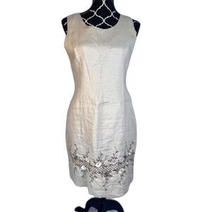 Cali Cali Beige 100% Linen Sleeveless Embroidered Hem Sheath Dress Size 6